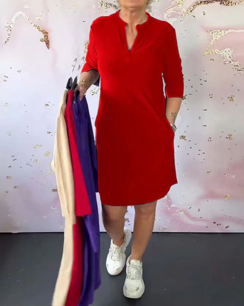 Damen nan knielanges legeres Jerseykleid mit Stehkragen und V-Ausschnitt EB