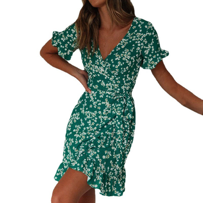 Damen luftiges Strandkleid mit Rüschensaum und floralem Muster EB