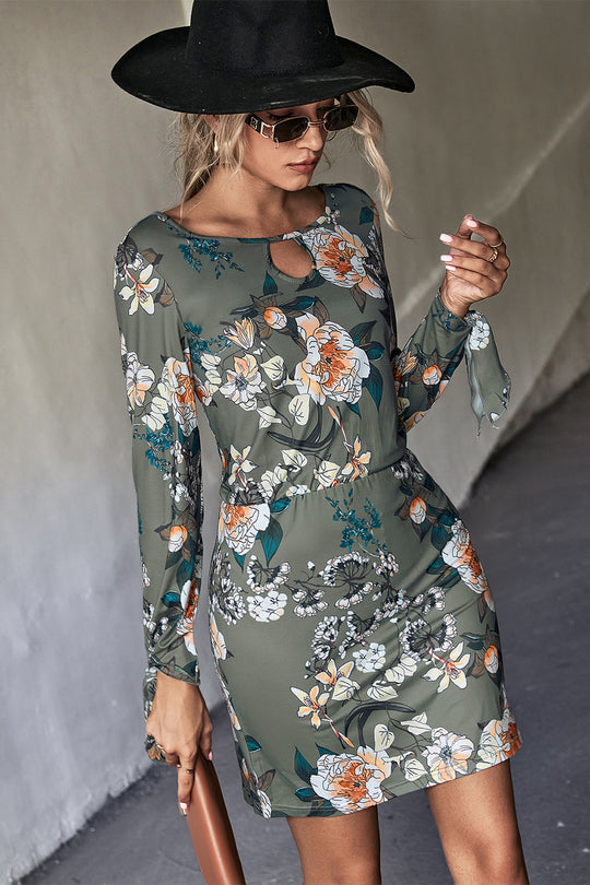 Damen Minikleid mit floralem Design und eleganten Ärmeldetails EB