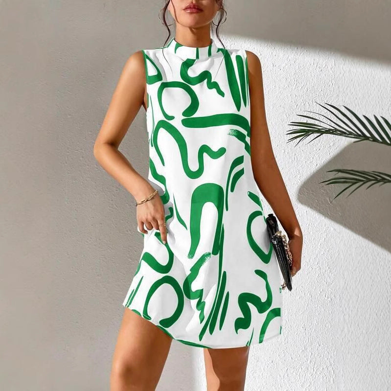 Damen A-linien Minikleid mit modernem grafischem Muster und Stehkragen EB