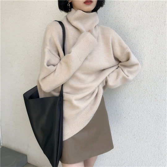 Damen Oversized Pullover mit hohem Kragen und Puffärmeln EB