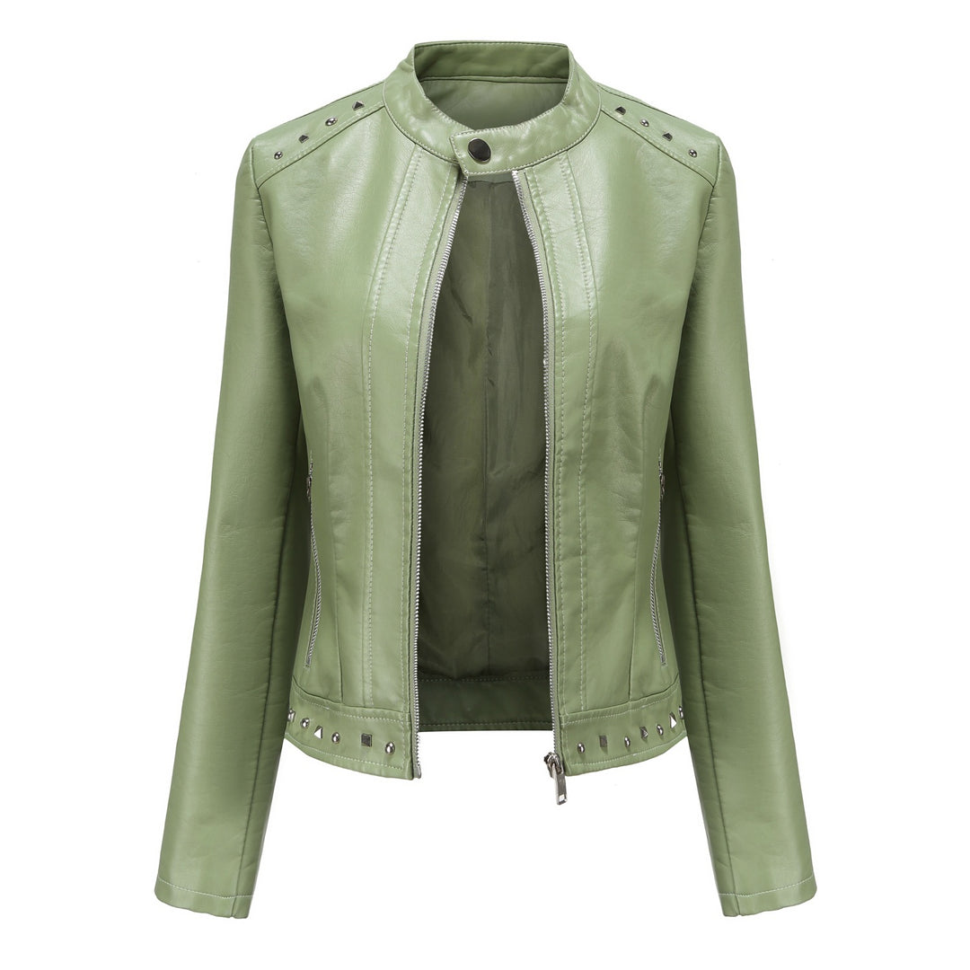 Damen nan kurze taillierte Kunstlederjacke mit Stehkragen Zwei-Wege-Reißverschluss und Ziernietensaum EB