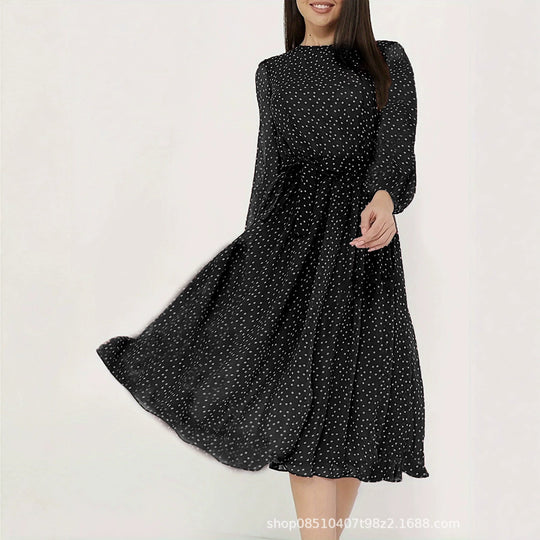 Damen Midikleid mit Punkten, taillierter Bindegürtel und Volantrock EB