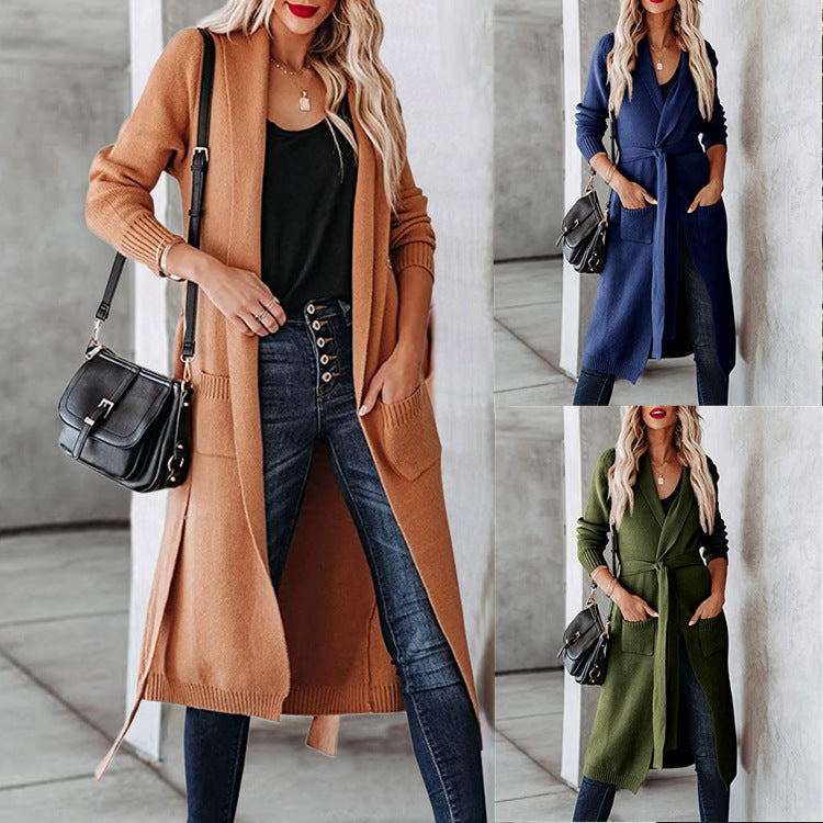 Damen Strickmantel mit offenem Design und praktischen Taschen EB