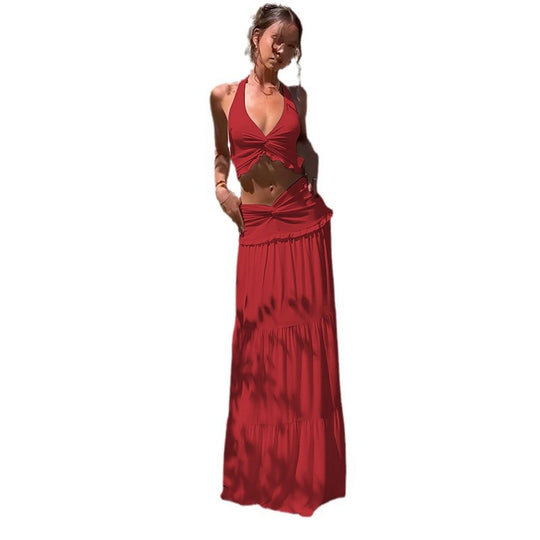 Damen Zweiteiliges Sommerkleid mit raffiniertem Oberteil und fließendem Rock EB