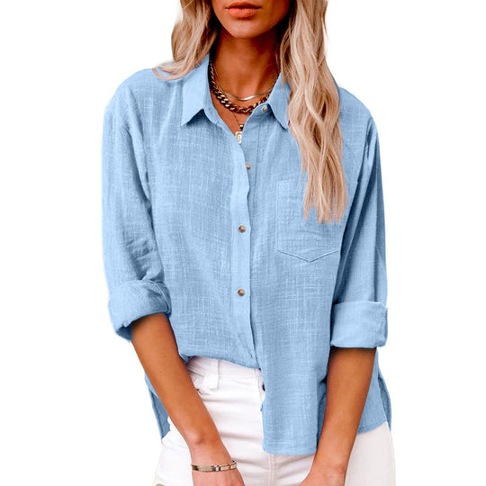 Damen nan oversized Leinen-Baumwollmix Hemdbluse mit Brusttasche und krempelbaren Ärmeln EB