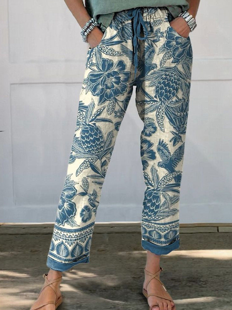 Damen Leinenoptik-Hose mit floralem Print, weitem Bein und Tunnelzug EB