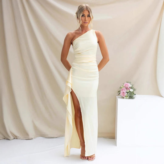 Damen One-Shoulder Maxikleid mit seitlichem Schlitz und elegantem Drapierungen EB