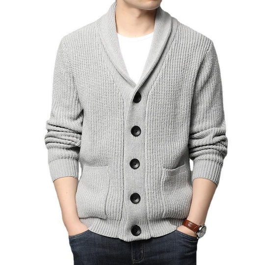 Herren kuschelige Strickjacke mit schickem Kragen und funktionalen Taschen EB