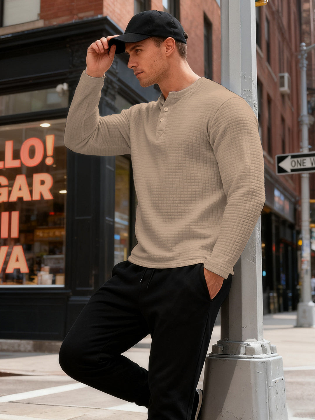 Herren nan strukturiertes Henley-Langarmshirt aus Waffelstrick mit Stehkragen und schmaler Silhouette EB