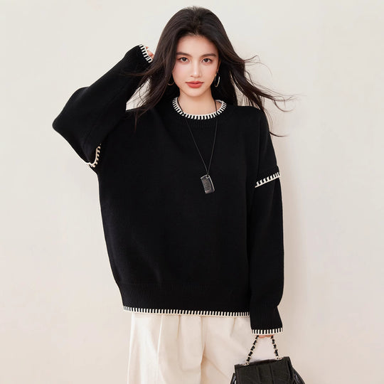 Damen Übergroßer Strickpullover mit Kontrastbündchen EB