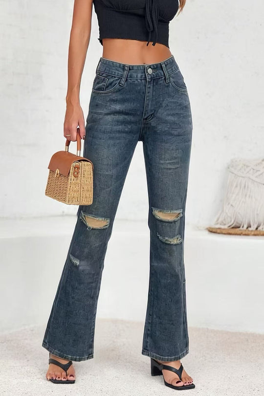 Damen nan High‑Waist Schlagjeans mit Distressed-Kniepartie und strukturierter Denim-Optik EB
