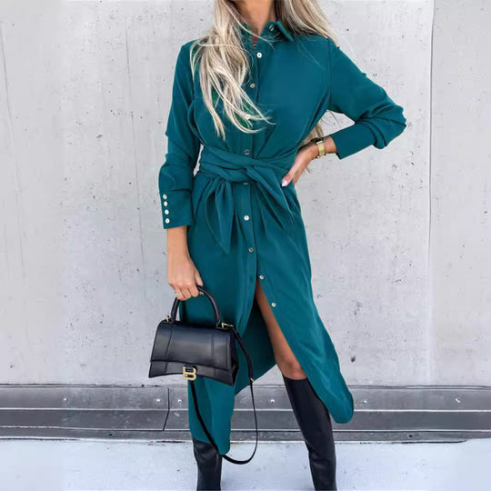 Damen Hemdkleid mit Wickelgürtel und Knopfleiste EB