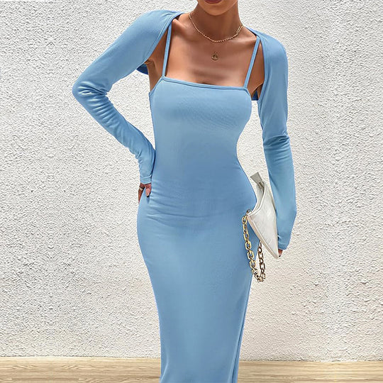 Damen schlankes Maxikleid mit Spaghettiträgern und abnehmbaren Bolero-Ärmeln Eichborn Berlin