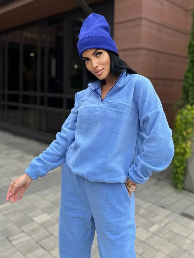 Damen Kuscheliges Fleece-Loungewear-Set mit Halb-Reißverschluss und elastischem Bund EB