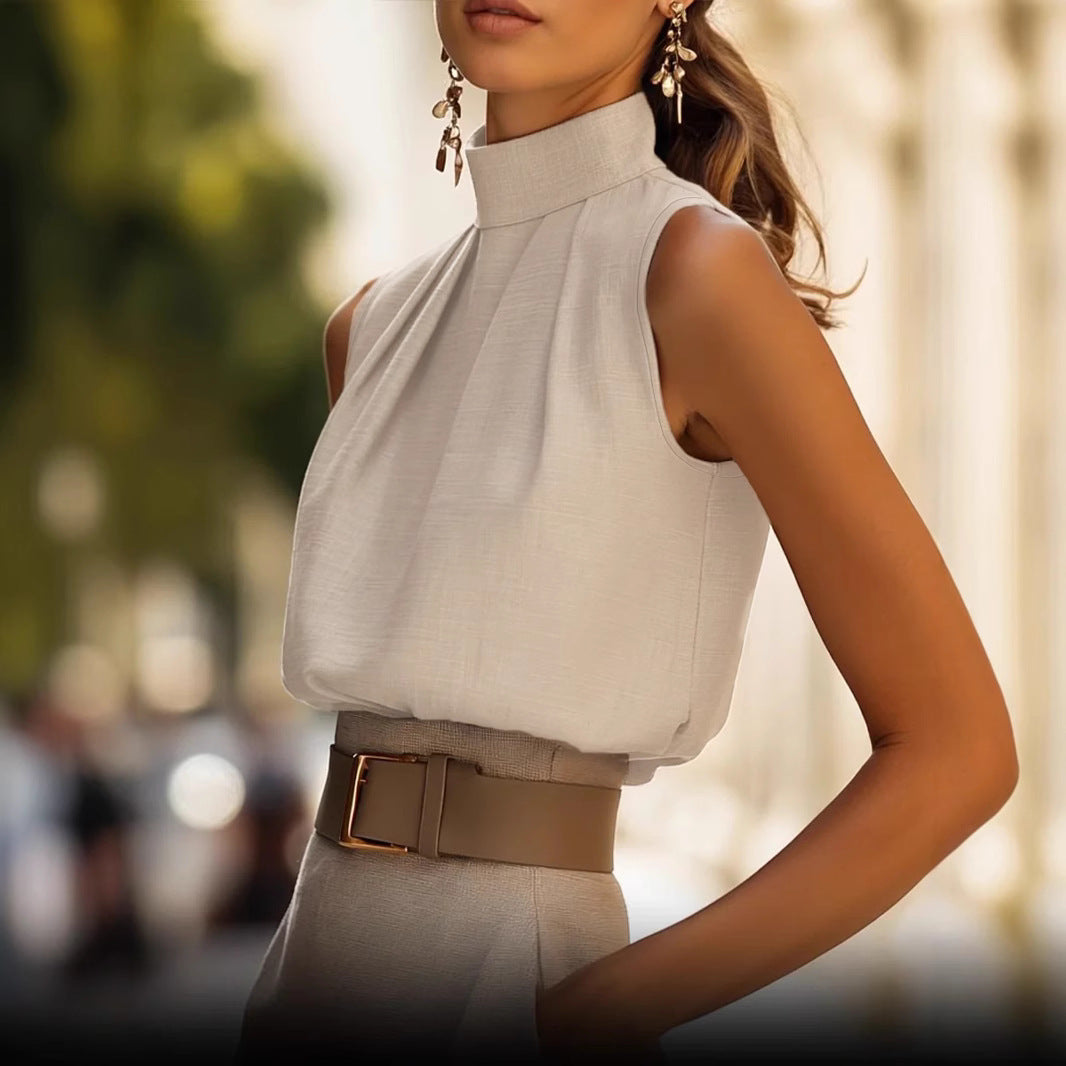 Damen Elegantes Blusenshirt mit Stehkragen und Faltenwurf EB