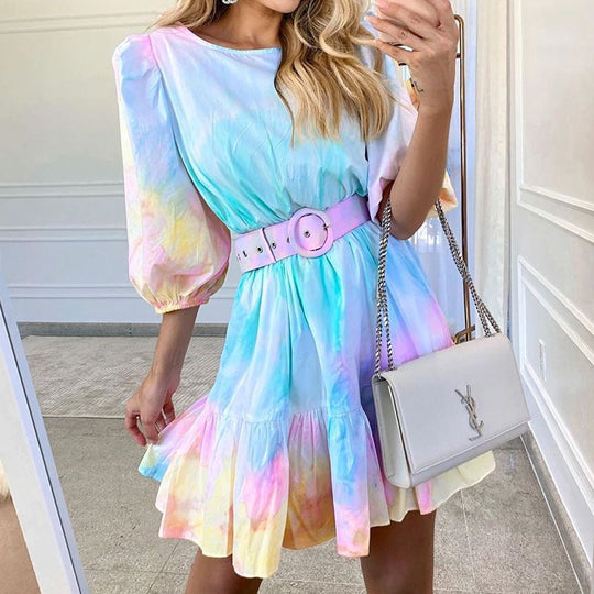 Damen modernes Boho-Kleid mit strukturiertem Volant und Taillengürtel EB