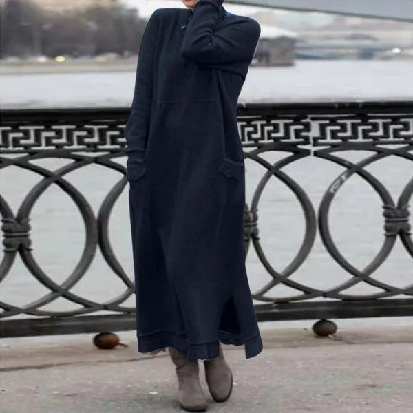Damen nan langes Strickmaxikleid mit Seitenschlitzen und aufgesetzten Taschen EB