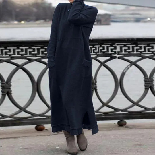 Damen nan langes Strickmaxikleid mit Seitenschlitzen und aufgesetzten Taschen EB