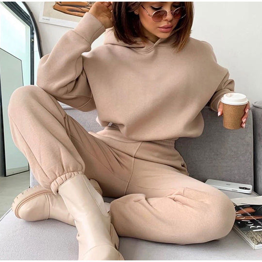 Damen nan kuscheliges Lounge-Set mit Kapuzenpullover und hoher Taillen-Jogginghose EB