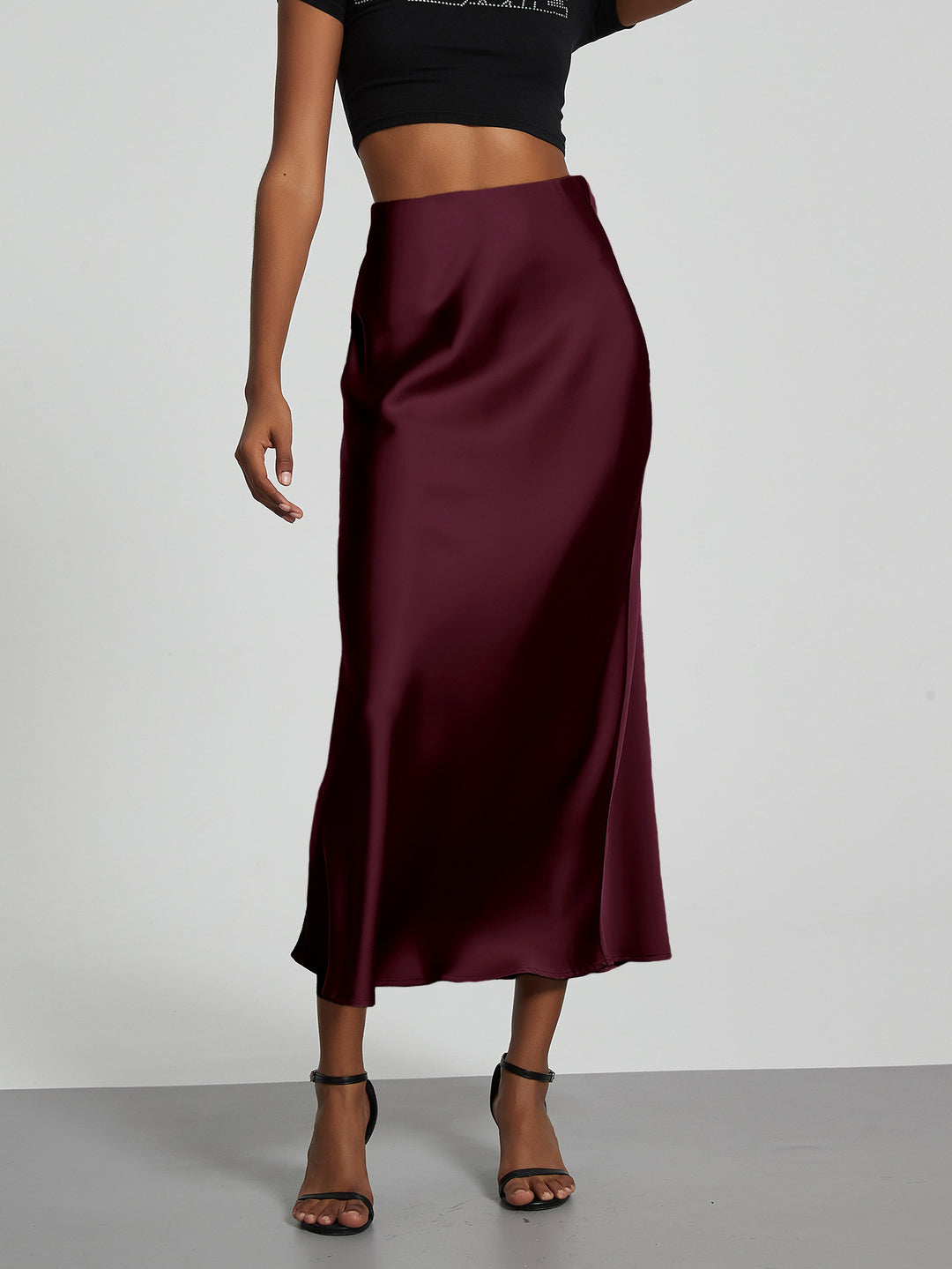 Damen Stilvolle Satin-Stretchrock mit hohem Bund und fließendem Schnitt EB