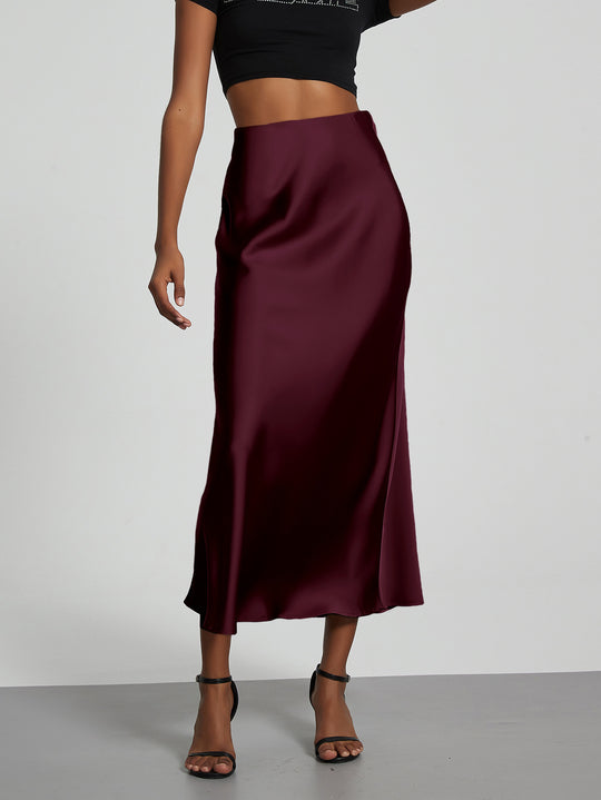 Damen Stilvolle Satin-Stretchrock mit hohem Bund und fließendem Schnitt EB