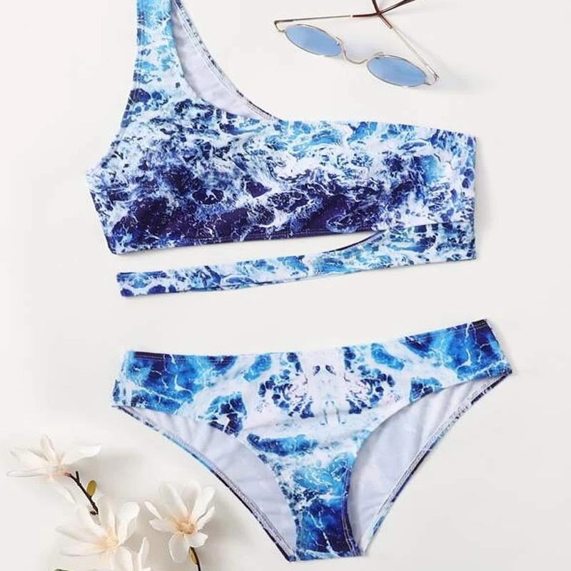 Damen Sport-Bikini mit asymmetrischem Schnitt und modischem Wasser-Motiv EB