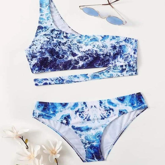 Damen Sport-Bikini mit asymmetrischem Schnitt und modischem Wasser-Motiv EB