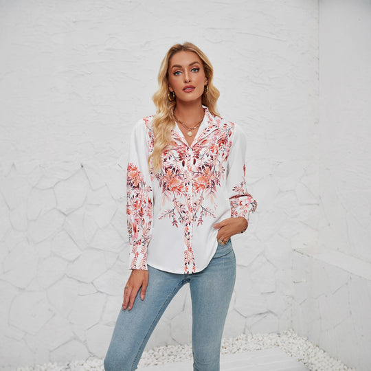 Damen Elegante Bluse mit floralem Design und voluminösen Ärmeln EB