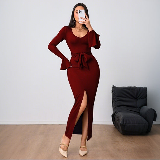 Damen figurbetontes Maxikleid mit V-Ausschnitt Trompetenärmeln Taillenband und hohem Seitenschlitz Eichborn Berlin