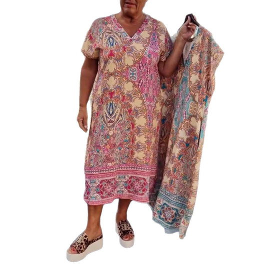 Damen nan luftiges V-Ausschnitt-Kleid im Paisley-Print mit Eingrifftaschen und passendem Pareo EB