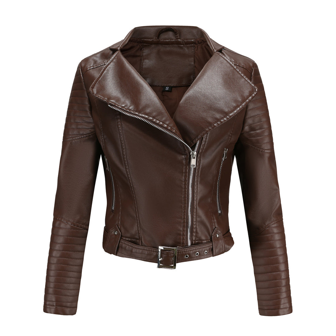 Damen nan kurz geschnittene Motorradjacke in Biker-Optik mit asymmetrischem Reißverschluss und gesteppter Ärmelpartie EB