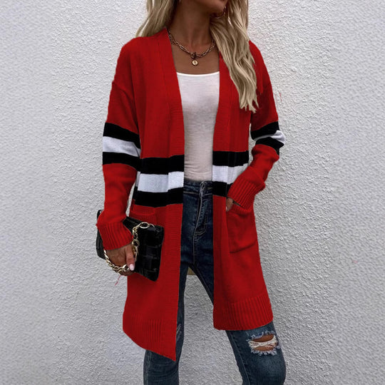 Damen Langarm Strickcardigan mit modernen Streifen und praktischen Taschen EB
