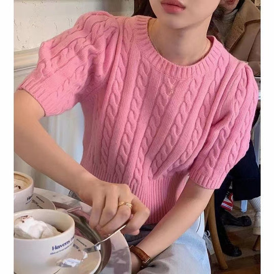Damen Strickpullover mit voluminösen Ärmeln und Zopfmuster EB