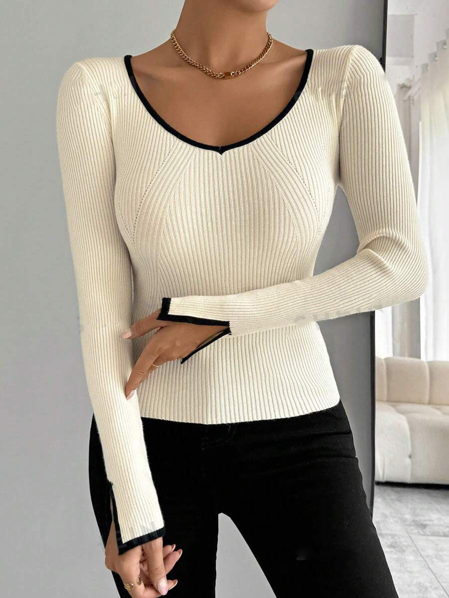 Damen modisches Strickoberteil mit tiefem V-Ausschnitt und eleganter Rippstruktur EB