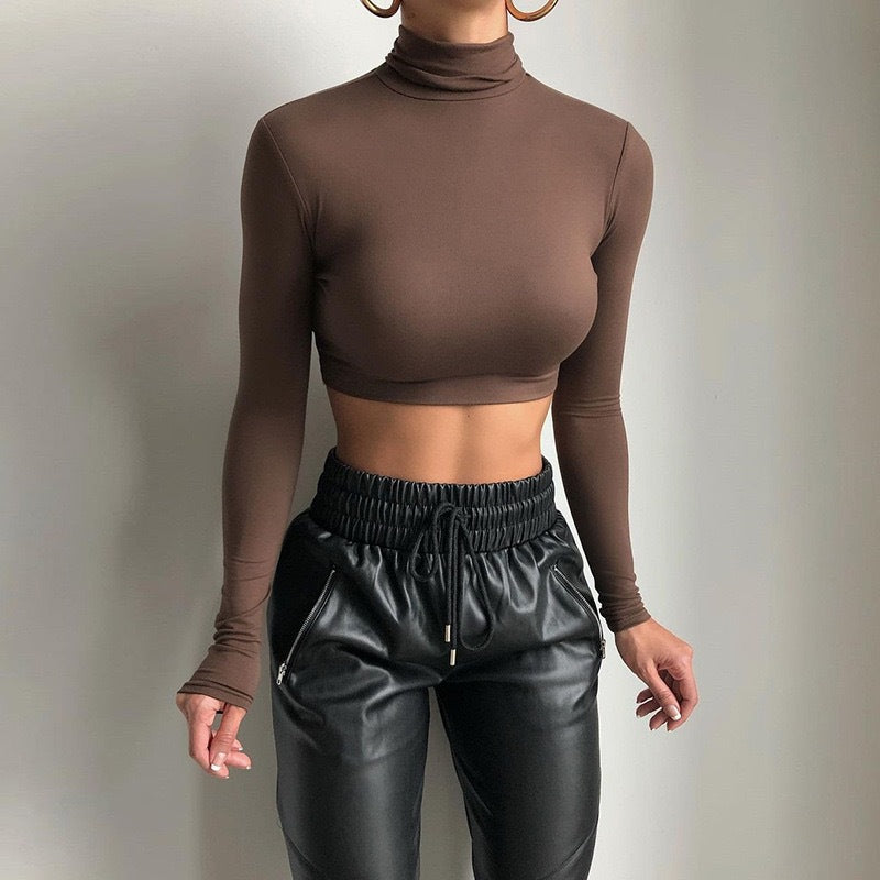Damen Hochwertiges langärmliges Crop-Top mit Stehkragen EB