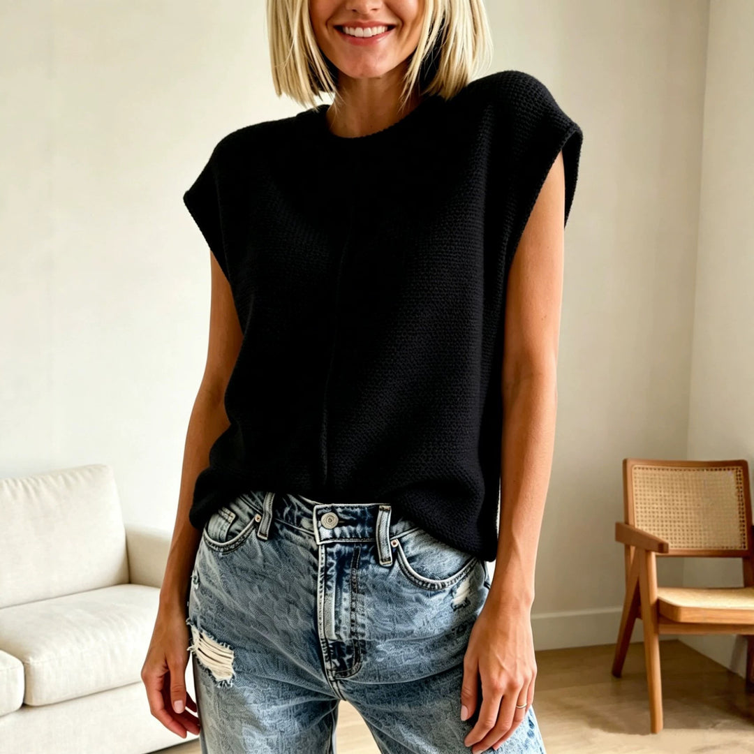 Damen Ärmellose Strickweste mit mittiger Naht und geripptem Kragen EB
