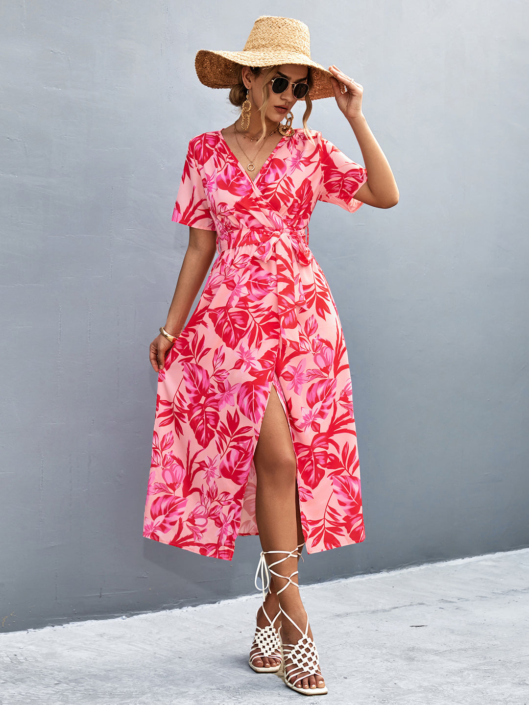 Damen Wickelmaxikleid mit floralem Muster und eleganter Schärpe EB
