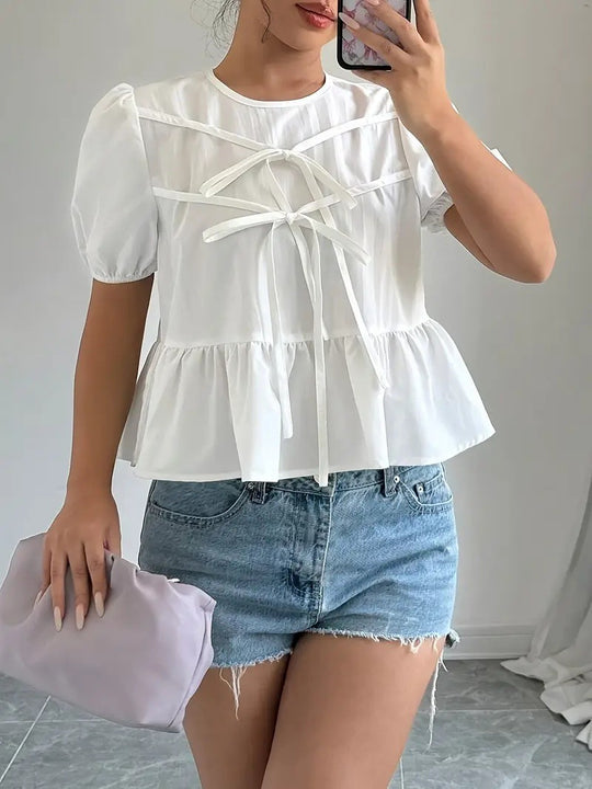Damen Bluse mit Puffärmeln und verspieltem Rüschendesign EB