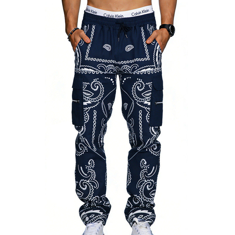 Herren Cargo-Hose mit Bandana-Print, elastischem Bund und Zipper-Taschen EB