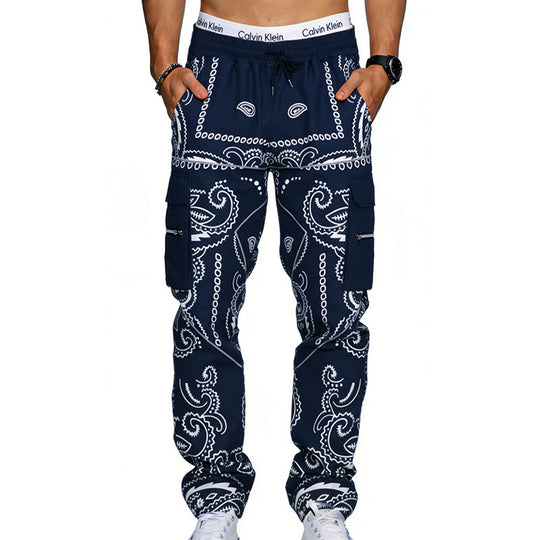 Herren Cargo-Hose mit Bandana-Print, elastischem Bund und Zipper-Taschen EB