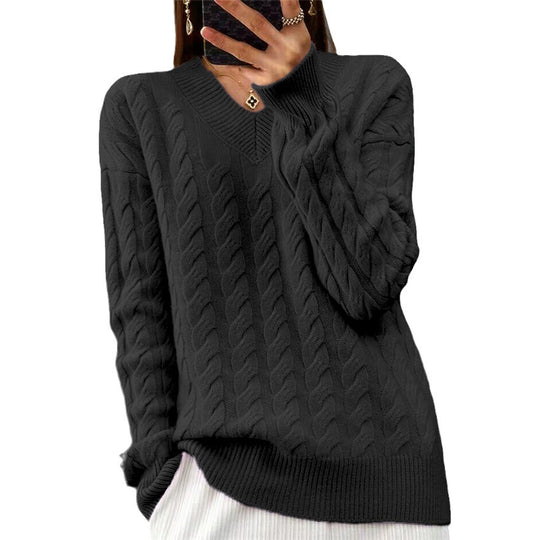 Damen nan weich fallender Zopfmuster-Pullover mit V-Ausschnitt, Oversize-Schnitt und geripptem Saum EB