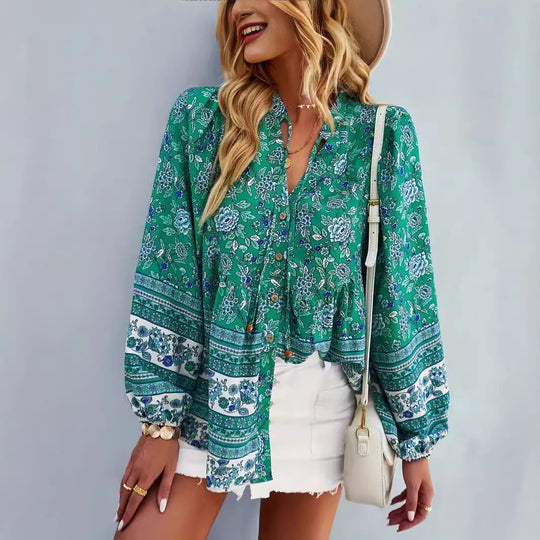 Damen Blusentop mit buntem Blumenmuster und Volantärmeln EB