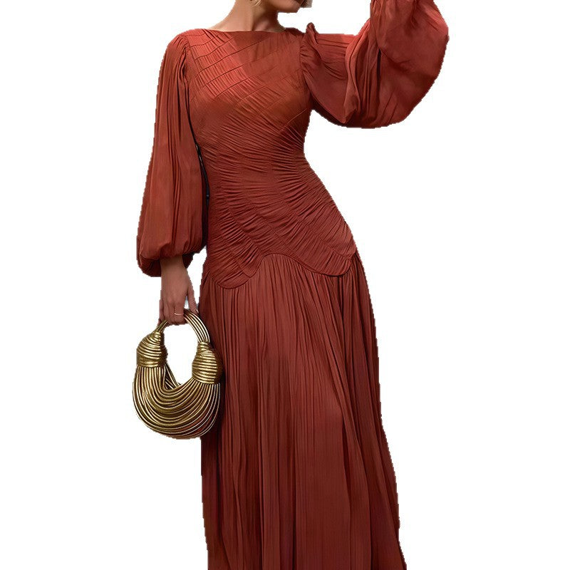 Damen Elegantes Plissiertes Maxikleid mit Raffungen und langen Ärmeln EB