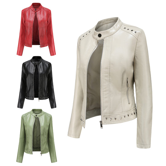 Damen nan kurze taillierte Kunstlederjacke mit Stehkragen Zwei-Wege-Reißverschluss und Ziernietensaum EB