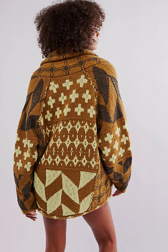 Damen Oversized Strickjacke mit Schalkragen und grafischem Muster EB