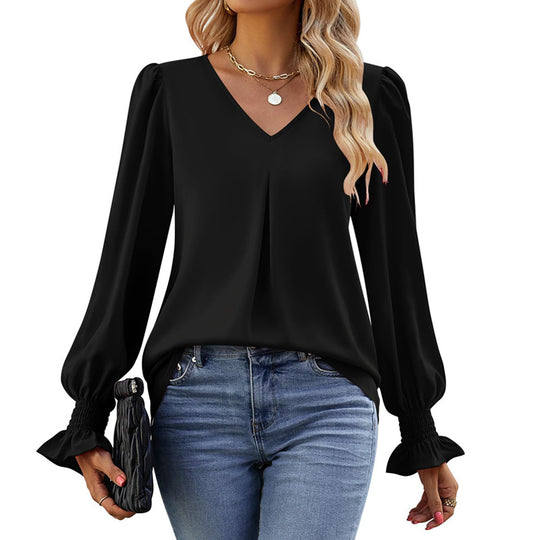 Damen V-Ausschnitt Bluse mit Kellerfalte und gerafften Manschetten EB