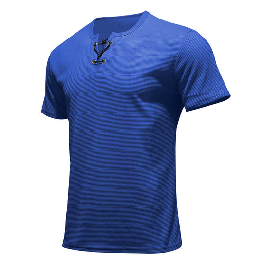 Herren nan Kurzarmshirt mit Schnürkragen, Metallösen und feinem Strukturjersey EB