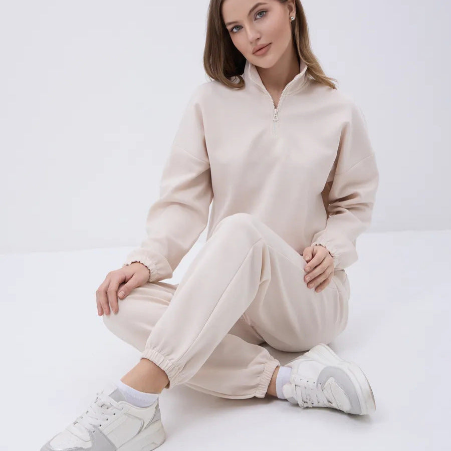 Damen weiches Lounge-Set mit halbem Reißverschluss, Kordelzughose und elastischen Bündchen EB