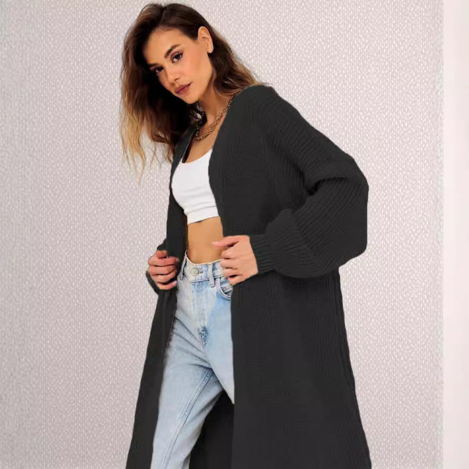Damen Langer gestrickter Cardigan mit lässigem Schnitt und strukturierter Textur EB